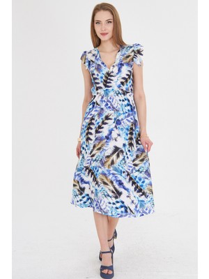 Armonika Kadın Mavi Kruvaze Yaka Omuzu Fırfır Detaylı Beli Lastikli Midi Boy Elbise ARM-24Y001020