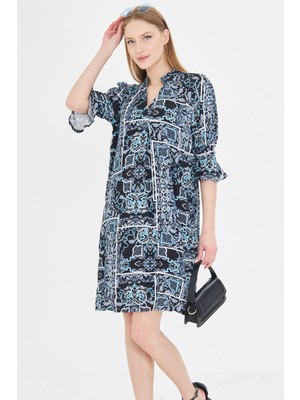 Armonika Kadın Lacivert V Yaka Pile Detaylı Cepli Çeyrek Kol Elbise ARM-25Y001029