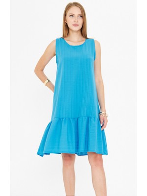 Armonika Kadın Mavi Kolsuz Eteği Fırfırlı Elbise ARM-18Y001156