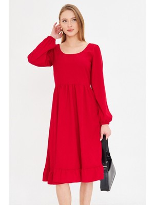 Armonika Kadın Kırmızı U Yaka Arkası Fermuarlı Beli Lastikli Midi Boy Kadife Elbise ARM-25K001103