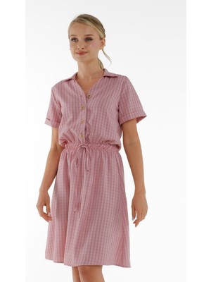 Armonika Kadın Gül Kurusu Beli Lastikli Desenli Kısa Kol Gömlek Elbise ARM-23Y001079