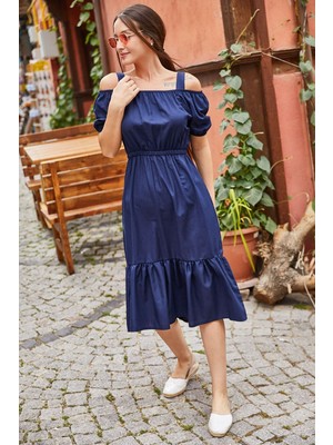 Armonika Kadın Lacivert Beli Lastikli Askılı Elbise ARM-21K001214