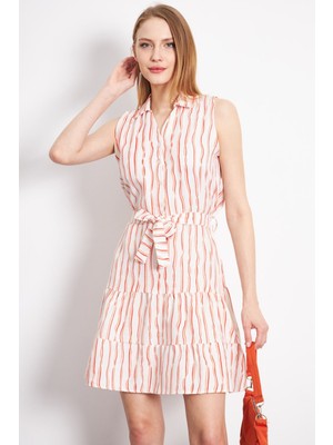 Armonika Kadın Turuncu Önü Düğmeli Beli Kemerli Yakalı Kolsuz Elbise ARM-24Y001066