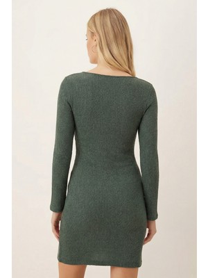 Armonika Kadın Yeşil Asimetrik Yaka Uzun Kollu Elbise ARM-26K001069