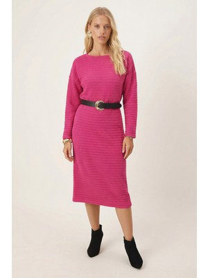 Armonika Kadın Fuşya Uzun Kollu Yumuşak Dokulu Salaş Elbise ARM-26K001078
