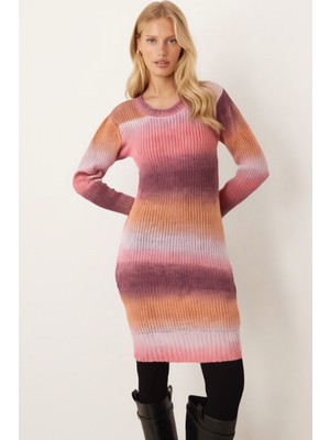 Armonika Kadın Gül Kurusu Bisiklet Yaka Renkli Triko Elbise ARM-26K136029