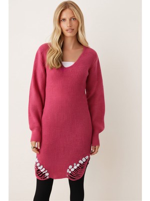 Armonika Kadın Fuşya V Yaka Etek Ucu Pullu Triko Elbise ARM-26K136016