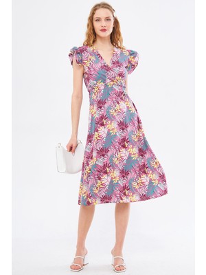 Armonika Kadın Gül Kurusu Miden Elbise Kruvaze Yaka Omuzu Fırfır Detaylı Beli Lastikli Midi Boy ARM-24Y001020