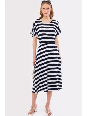 Armonika Kadın Lacivert Dekatessera Elbise Yarasa Kol Beli Lastikli Eteği Astarlı ARM-24Y001036