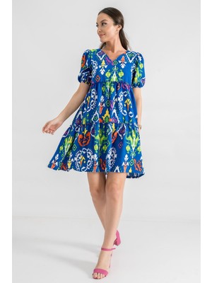 Armonika Kadın Saks V Yaka Kısa Kol Desenli Fırfırlı Elbise ARM-24Y001014