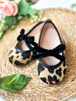 Aysskids Kadife Fiyonklu Leopar Desenli Kız Çocuk Bebek Babet Ayakkabı