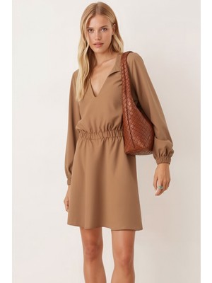 Armonika Kadın Vizon Gömlek Yaka Detaylı Beli ve Kolu Lastikli Elbise ARM-26K001023