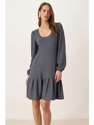 Armonika Kadın Füme U Yaka Uzun Kollu Etek Ucu Fırfırlı Likralı Elbise ARM-26K001012