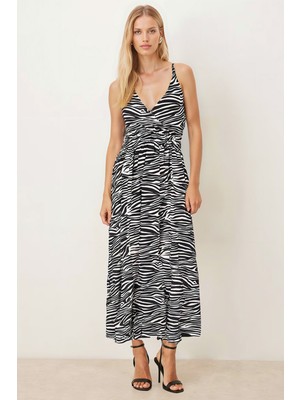 Armonika Kadın Siyah Kruvaze Yaka Beli Lastikli Sırtı Açık Uzun Elbise ARM-25Y001106