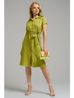 Armonika Kadın Yağ Yeşili Beli Kemerli Kısa Kol Gömlek Elbise ARM-19Y001068