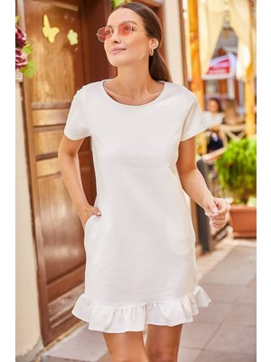 Armonika Kadın Ekru Kısa Kollu Altı Fırfırlı Elbise