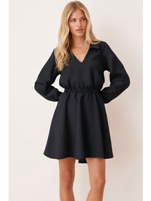 Armonika Kadın Siyah Gömlek Yaka Detaylı Beli ve Kolu Lastikli Elbise ARM-26K001023