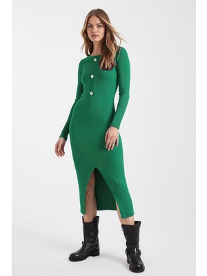 Armonika Kadın Yeşil Geniş Yaka Uzun Kollu Önü Düğmeli Vücuda Oturan Yırtmaçlı Elbise ARM-26K001013