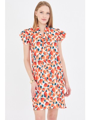 Armonika Kadın Nar Çiçeği V Yaka Kolları Fırfırlı Kravat Detaylı Elbise ARM-25Y001023