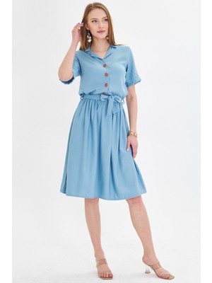 Armonika Kadın Indigo Önü Düğmeli Beli Büzgülü Kuşaklı Midi Boy Elbise ARM-24Y001068