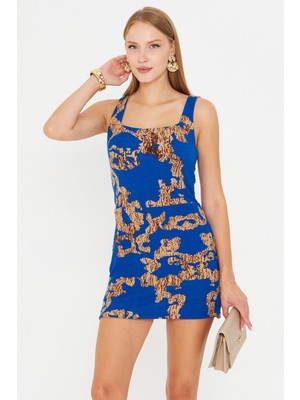 Armonika Kadın Mavi-Bej Kare Yaka Vücuda Oturan Şortlu Mini Elbise ARM-25Y001095