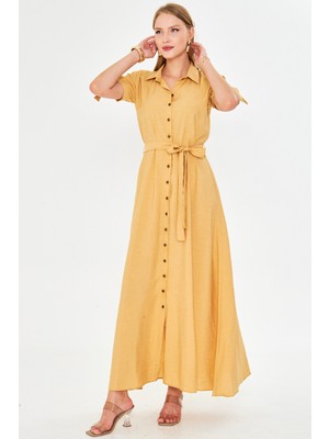 Armonika Kadın Sarı Kolu Bağlamalı Beli Kuşaklı Gömlek Elbise ARM-23Y001004