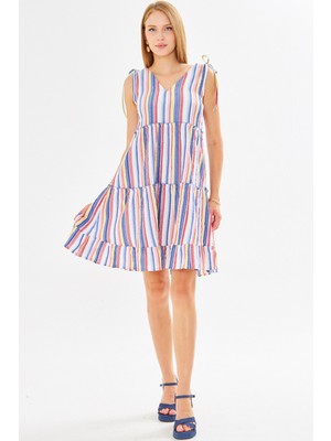 Armonika Kadın Mavi V Yaka Fırfırlı Kolsuz Omzu Bağlamalı Elbise ARM-25Y001061