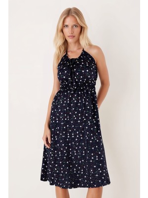 Armonika Kadın Lacivert V Yaka Beli Lastikli Arkadan Bağlamalı Midi Boy Elbise ARM-25Y001107