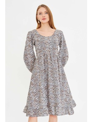 Armonika Kadın Bej U Yaka Arkası Fermuarlı Beli Büzgülü Midi Boy Desenli Elbise ARM-25K001104