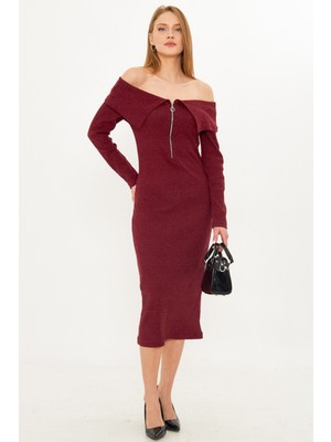 Armonika Kadın Bordo Düşük Omuz Önden Fermuarlı Yırtmaçlı Midi Boy Triko Elbise ARM-25K001089