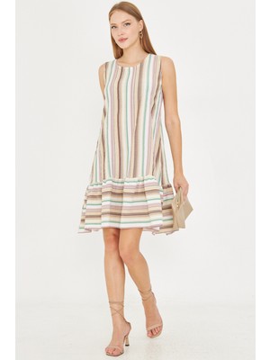 Armonika Kadın Krem Desenli Kolsuz Eteği Fırfırlı Elbise ARM-22K001142