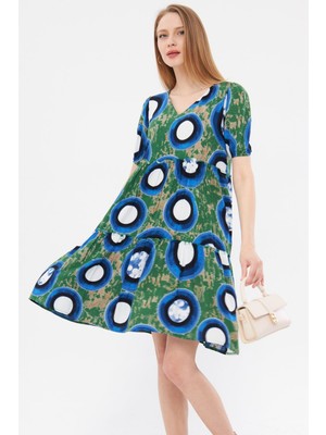 Armonika Kadın Açık Yeşil V Yaka Kısa Kol Desenli Fırfırlı Elbise ARM-24Y001014