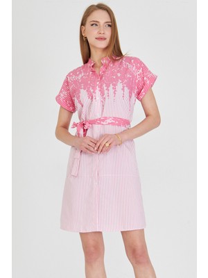 Armonika Kadın Pembe Hakim Yaka Kısa Kollu Beli Kuşaklı Gömlek Elbise ARM-25Y001054