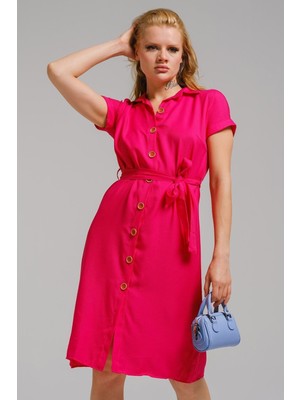 Armonika Kadın Fuşya Beli Kemerli Kısa Kol Gömlek Elbise ARM-19Y001068