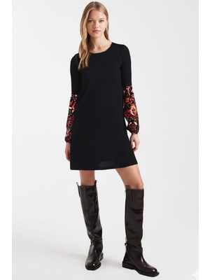 Armonika Kadın Siyah Desenli Balon Kol Elbise ARM-26K001051