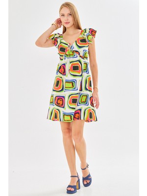 Armonika Kadın Turuncu V Yaka Kolları ve Eteği Fırfırlı Göğsü Bağlamalı Elbise ARM-25Y001083