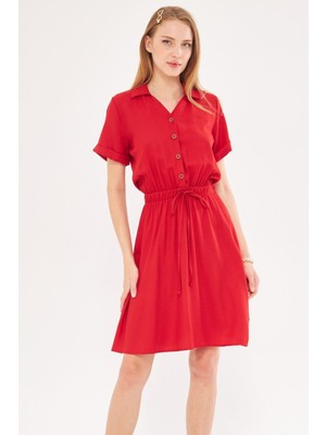 Armonika Kadın Kırmızı Beli Lastikli Kısa Kol Gömlek Elbise ARM-23Y001035