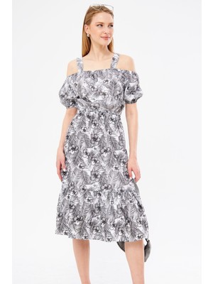 Armonika Kadın Füme Desenli Beli Lastikli Askılı Elbise ARM-23Y001053