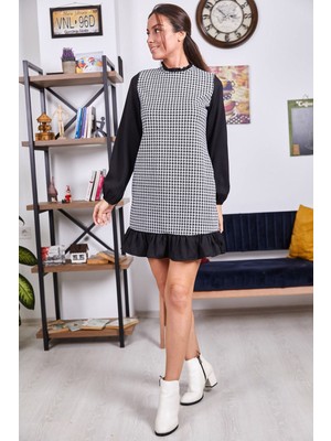 Armonika Kadın Siyah Yakasi ve Alti Firfirli Kazayaği Desen Elbise ARM-21Y001080