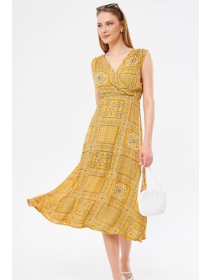Armonika Kadın Hardal Desenli Beli ve Omzu Lastikli Kruvaze Yaka Midi Boy Eteği Elbise ARM-24Y001052