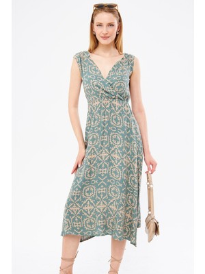 Armonika Kadın Çağla Yeşili Beli Omzu Lastikli Kruvaze Yaka Midi Boy Eteği Elbise ARM-24Y001052