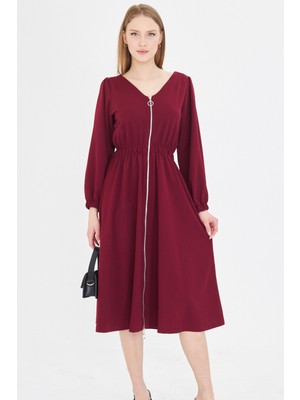 Armonika Kadın Bordo Ön Arka V Yaka Önden Fermuarlı Uzun Kol Midi Boy Elbise ARM-25Y001002