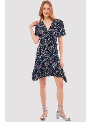 Armonika Kadın Lacivert Tessera Elbise Kruvaze Yaka Eteği Fırfırlı Desenli Mini Boy ARM-24Y001024