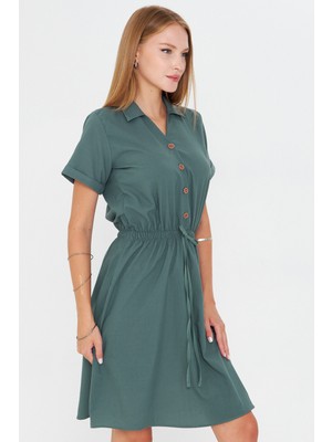 Armonika Kadın Çağla Yeşili Beli Lastikli Kısa Kol Gömlek Elbise ARM-23Y001035