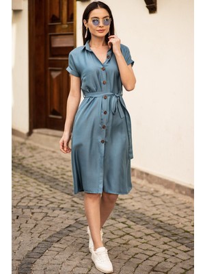Armonika Kadın Indigo Beli Kemerli Kısa Kol Gömlek Elbise ARM-19Y001068