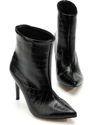 Zerenyus ZRİN-4803 Premium Siyah Kroko Sivri Burun Ince Topuk Günlük Kadın Bot