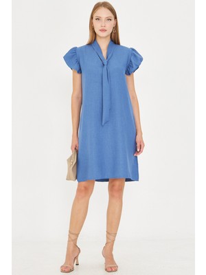 Armonika Kadın Mavi V Yaka Kolları Fırfırlı Kravat Detaylı Elbise ARM-25Y001022