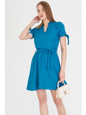 Armonika Kadın Petrol Hakim Yaka Kolu Bağlamalı Beli Lastikli Kemerli Kısa Elbise ARM-23Y001088