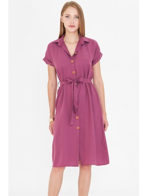 Armonika Kadın Koyu Gülkurusu Beli Kemerli Kısa Kol Gömlek Elbise ARM-19Y001068