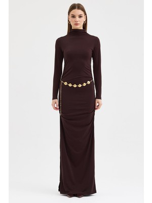 Lijuri Gold Kemerli ve Drape Detaylı Uzun Elbise 2953